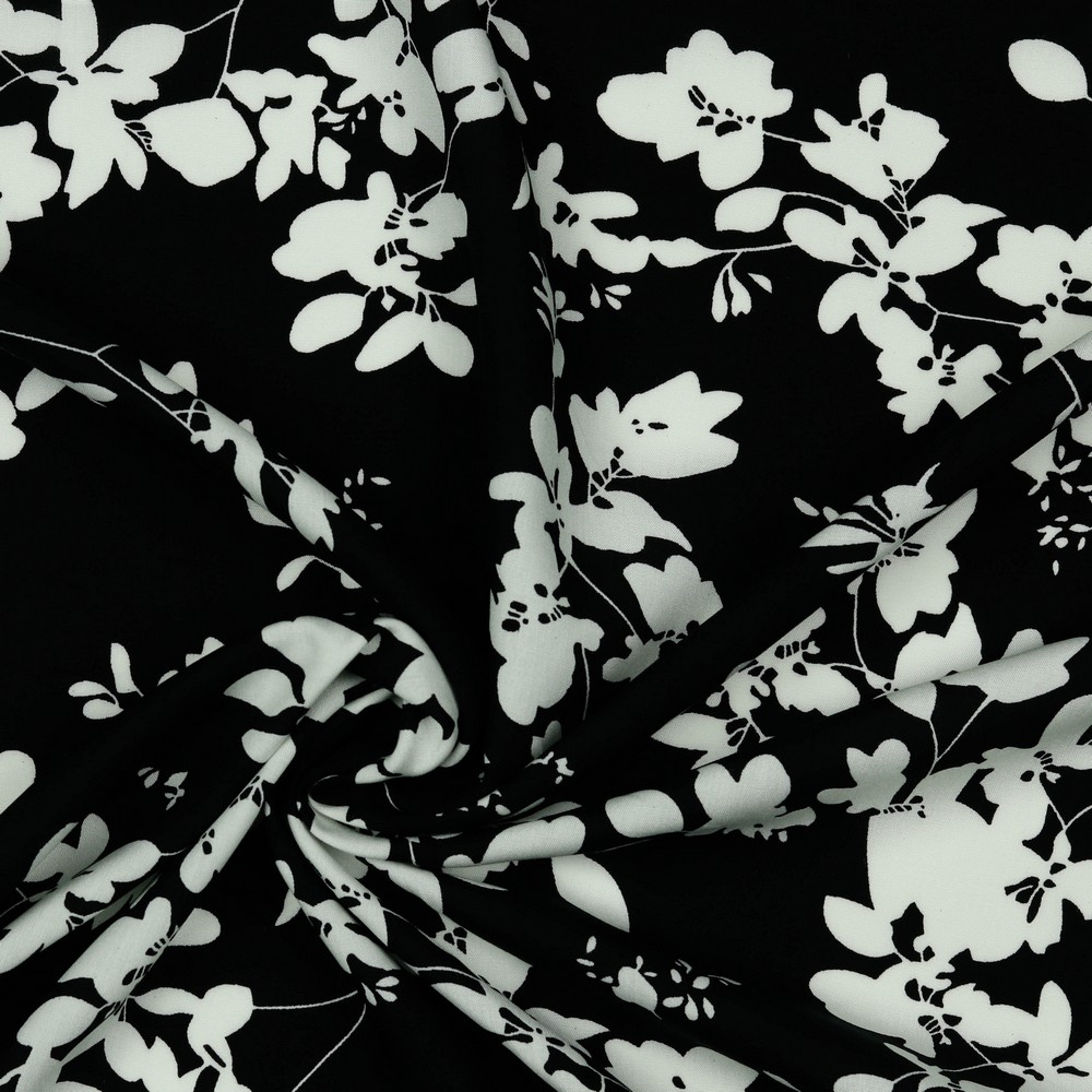 Viskose Blätter White Flowers on Black 